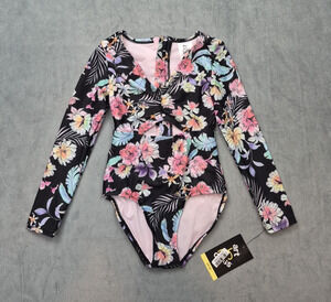 Art Class Girls Long Sleeve Floral One Piece Keyhole Swimsuit XS 4/5 Tropical